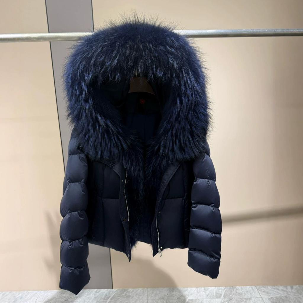 Winter natural real raccoon fur collar thickened warm short coat women's versatile goose down jacket new