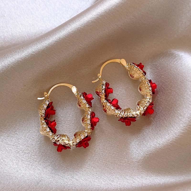 Vintage Red Rose Flower Hoop Earrings For Women Exquisite Elegant Zircon Circle Earrings Jewelry Wedding Party Premium Gifts