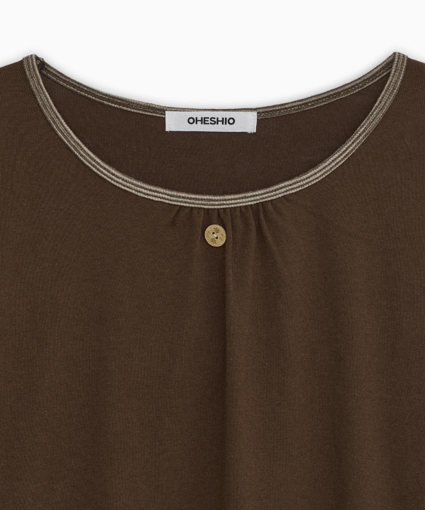 OHESHIO Shirring Color Block Long Sleeve, Brown