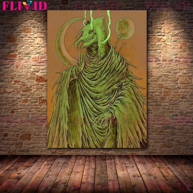 Moon Demon and Horror Wizard Vintage Wall Art Oil Painting Skeleton Demon Gothic Dark Art Poster