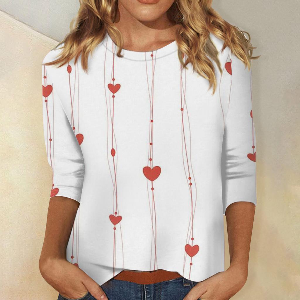 Damski top z nadrukiem walentynkowym, modny, casualowy, z rękawem 3/4 i okrągłym dekoltem