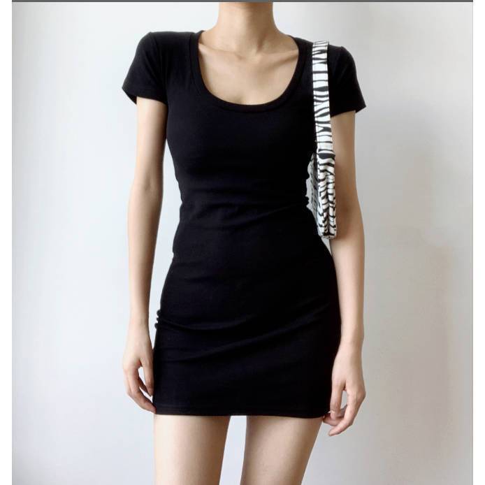 2026 New Spice Girl Tight Solid Color U-neck Short-sleeved Dress for Women's Fashion and Thin Close-fitting Hip-wrapped Short Skirt