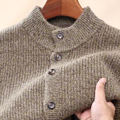 Men's Floral Yarn 100% Wool Knitted Cardigan Sweater, Half-High Neck, Autumn/Winter.