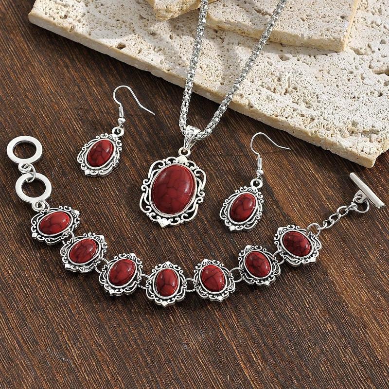 

Набор из 3 предметов: Женский винтажный браслет, колье и серьги с бирюзой, украшение из целебного камня, подарок красный