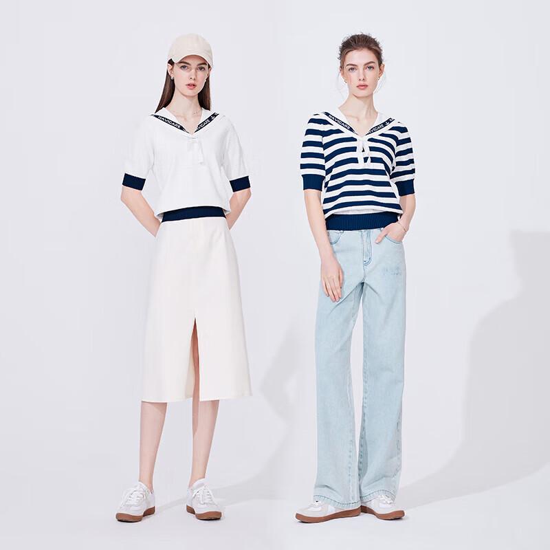 Navigare Women's Sailor Stripe Short Sleeve Polo Knit Top