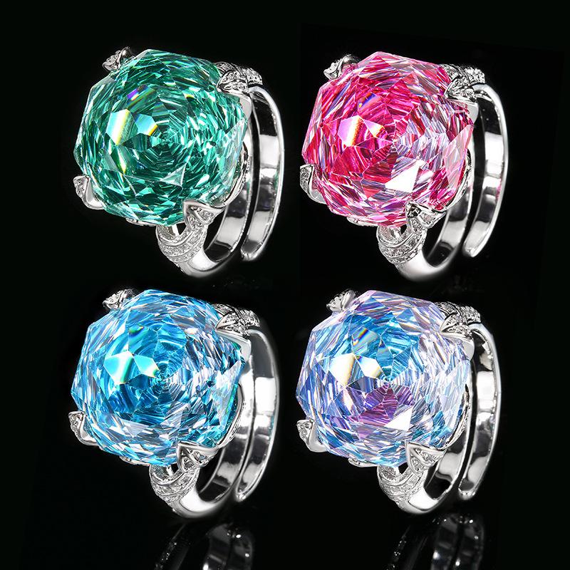 Jewelry Copper Bottom Gold-Plated Imitation Rose Cut Sea Blue Temperament Ring Main Stone 16Mm