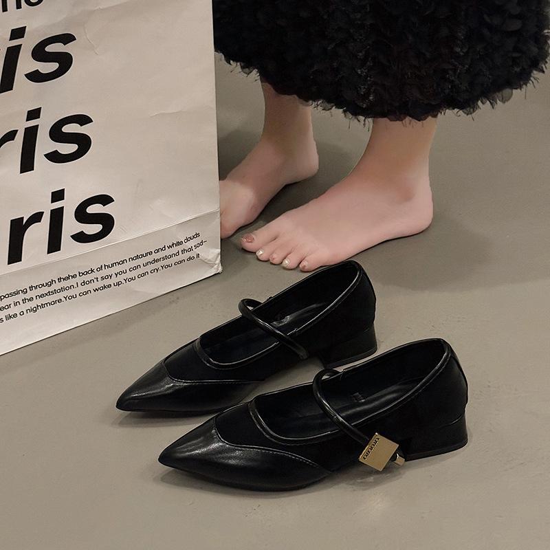 

Женские туфли-лодочки осень 2025 новая французская модель с острым носком и неглубоким вырезом, туфли Мэри Джейн на толстом каблуке, универсальные туфли на высоком каблуке 35