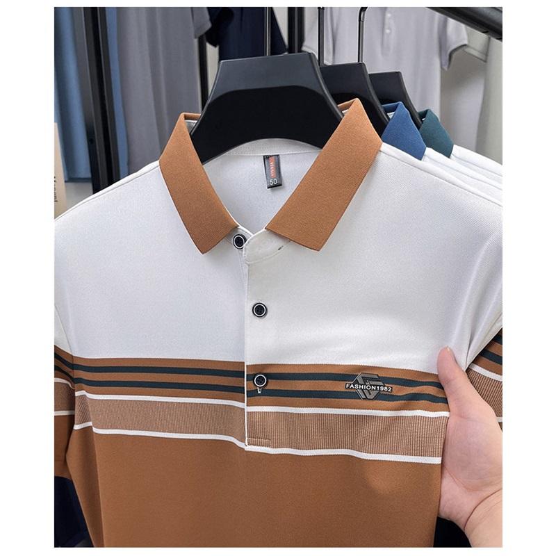 Herren Farbblock Gestreiftes Poloshirt Kurzarm Business Casual Oberteil Atmungsaktiv Sommer Poloshirt