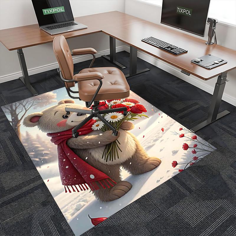 1pc Anime Cartoon Design Valentine's Day Gift - Teddy Bear with Red Roses and Hearts Office Chair Mat Non-Slip Carpet Suitable for Home Decor Living R