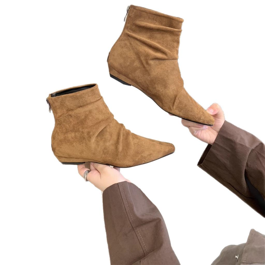 Thick heel pointed head suede brown thin boots short boots women's boots 2025 new spring and autumn single boots French small ankle boots