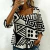 Women Square Neck Blouse White Black Ink Floral Print Ruffle Three Quarter Sleeve Shirt