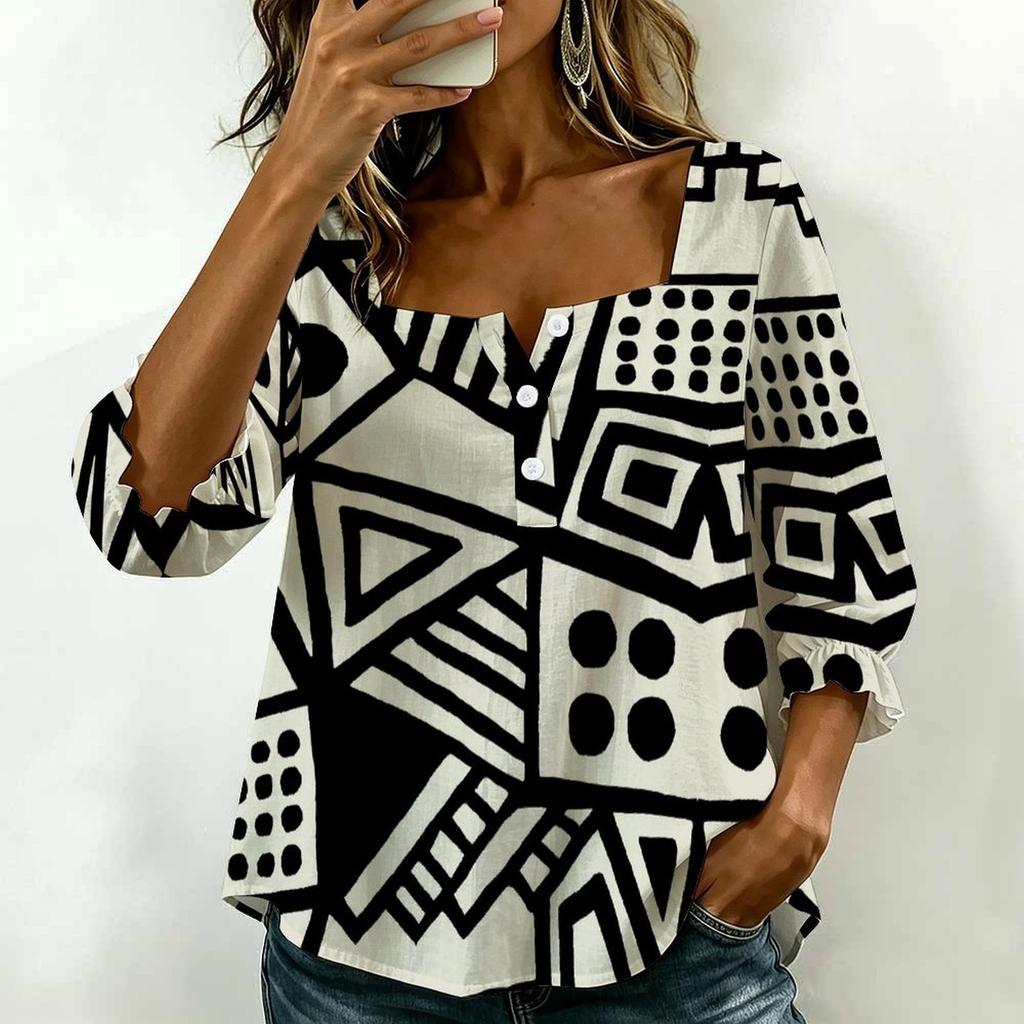 Women Square Neck Blouse White Black Ink Floral Print Ruffle Three Quarter Sleeve Shirt