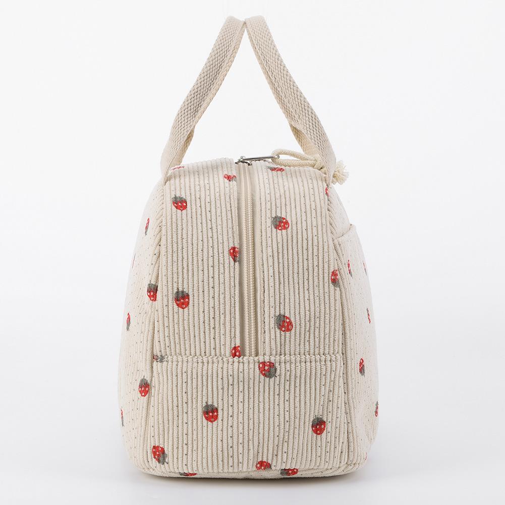 Strawberry/Daisy Corduroy Lunch Tote Bag Large Capacity Lunchbox Storage Bag Multi-Function Thermal Bento Bag for Office School