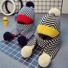 Yousheng 2Pcs/Set Kids Autumn Winter Hat Scarf Set Plush Ball Decor Striped Print Brimless Hat Knitting Scarf Set
