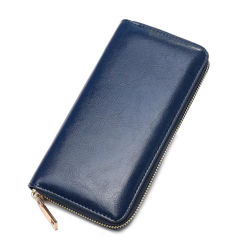New Oil Wax Pattern Cowhide Women's Zipper Wallet Long Leather Large Capacity Handbag