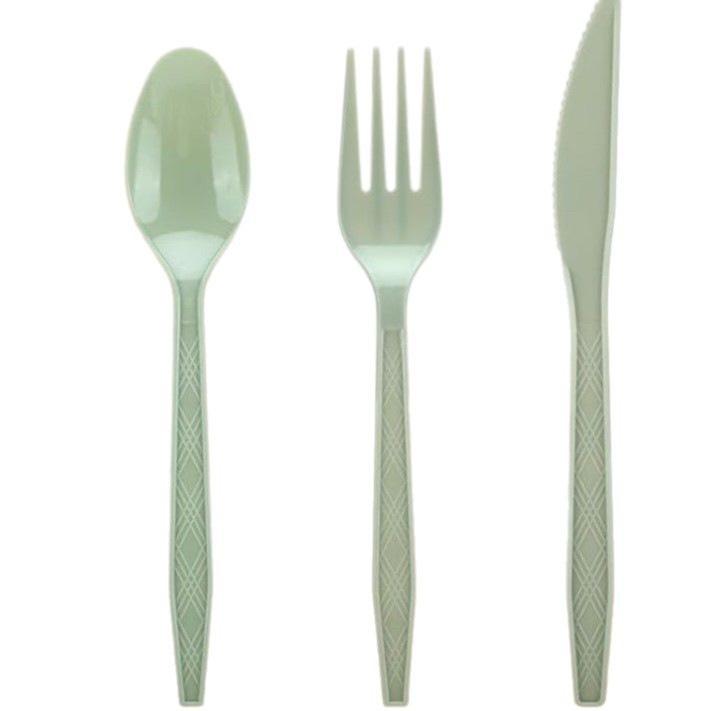 Sage Green Disposable Tableware Set: Round Paper Plates, Napkins, Cups, and Plastic Cutlery