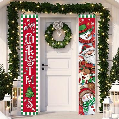 2pcs Porch Banner Christmas Snowman Santa Hanging Flag 12x70.8in Polyester