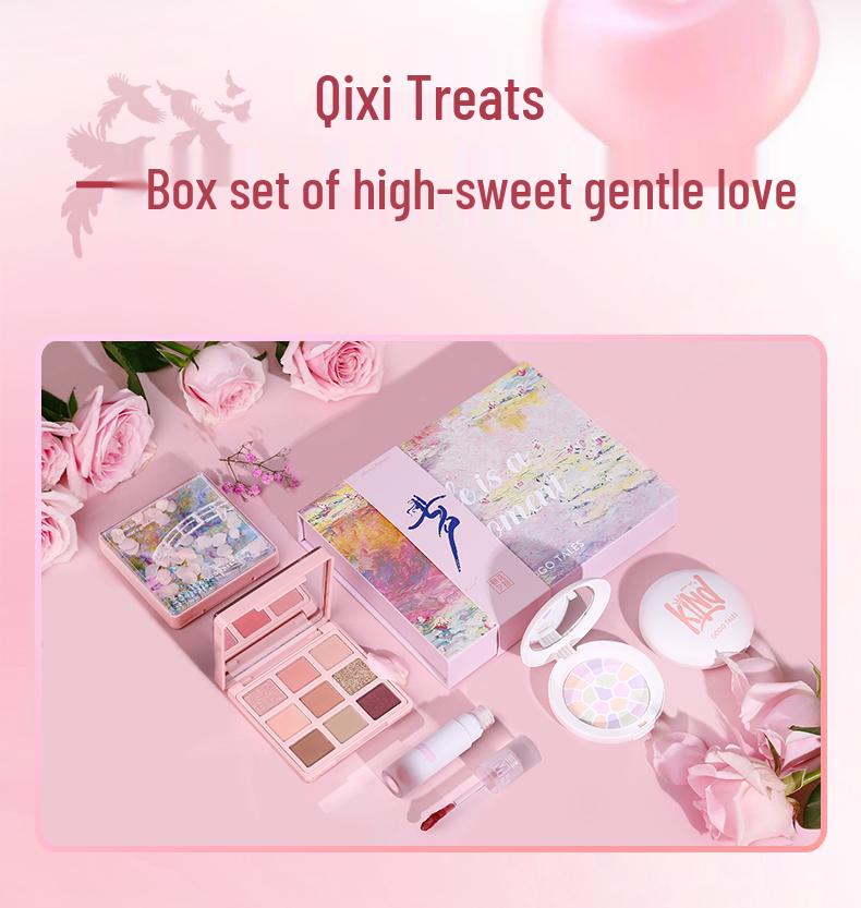 Qixi Limited Edition Gift Box: Gogotales Eyeshadow Palette, Lip Gloss, Powder Cake (GT301)
