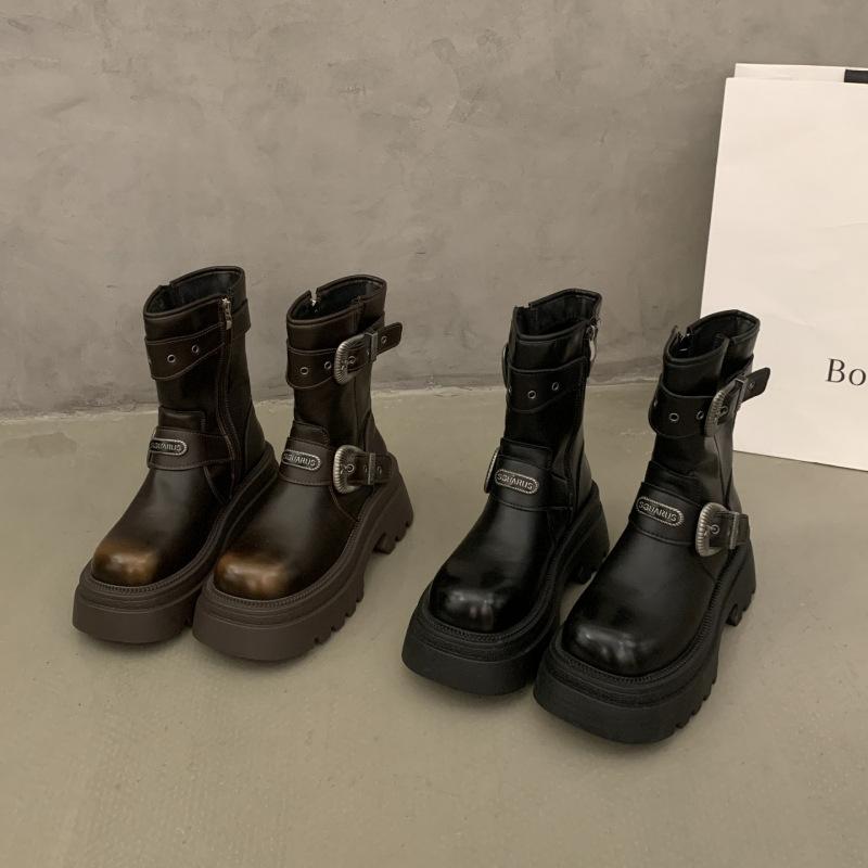 Zhao Zhaoyi's Same Martin Boots Women's Autumn Fashion Retro Western Boots Belt Buckle British Style Medium Tube Locomotive Short Boots