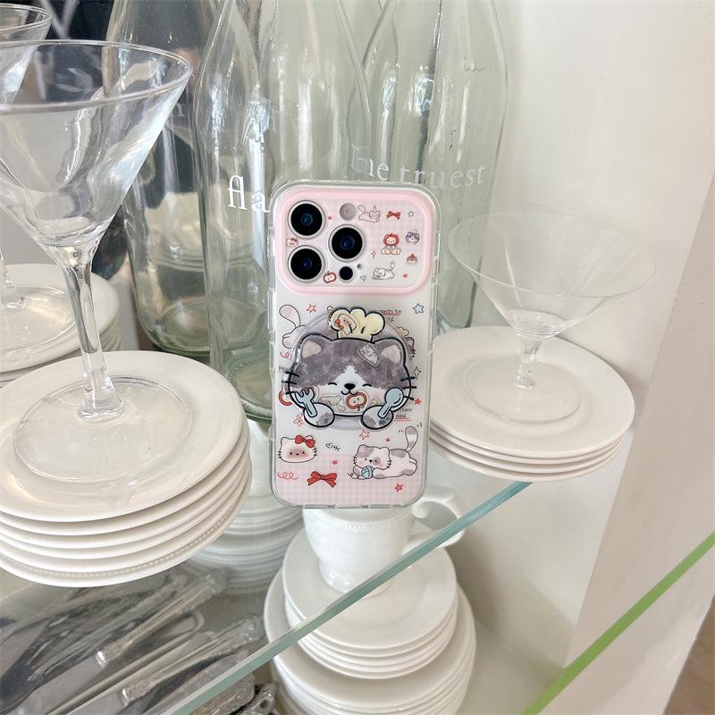 Korean Patchwork Plaid Magnetic Cat iPhone Case for iPhone 17/16 Pro Max/15 Pro