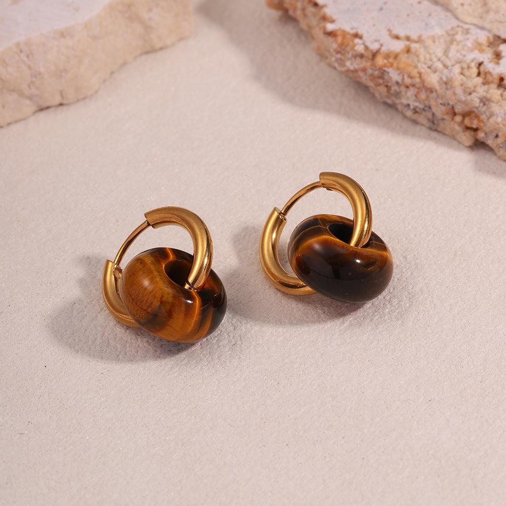 18k Gold-Plated Stainless Steel Hoops with Natural Agate, Amber, and Tiger Eye Earrings