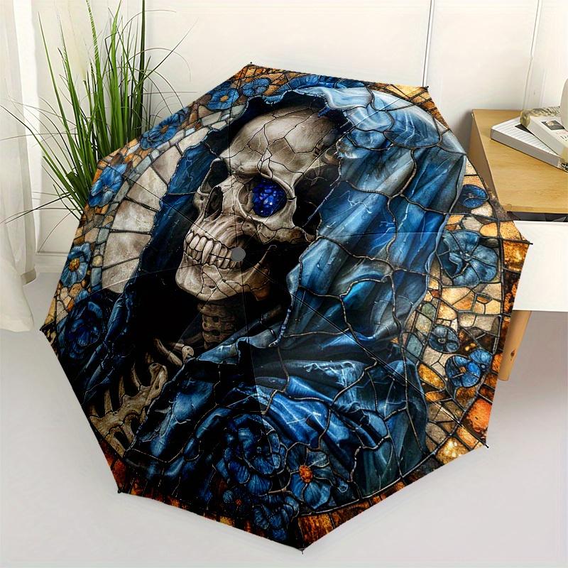 Stained Glass Skull with Blue Flowers Wall Art Decor Umbrella, Christmas Gift Y101