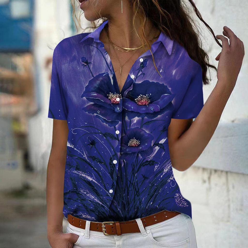 2025 Sommer Neue Mode Damen Blumenmuster Kurzarm V-Ausschnitt Lässig Knopfleiste Hemd Top
