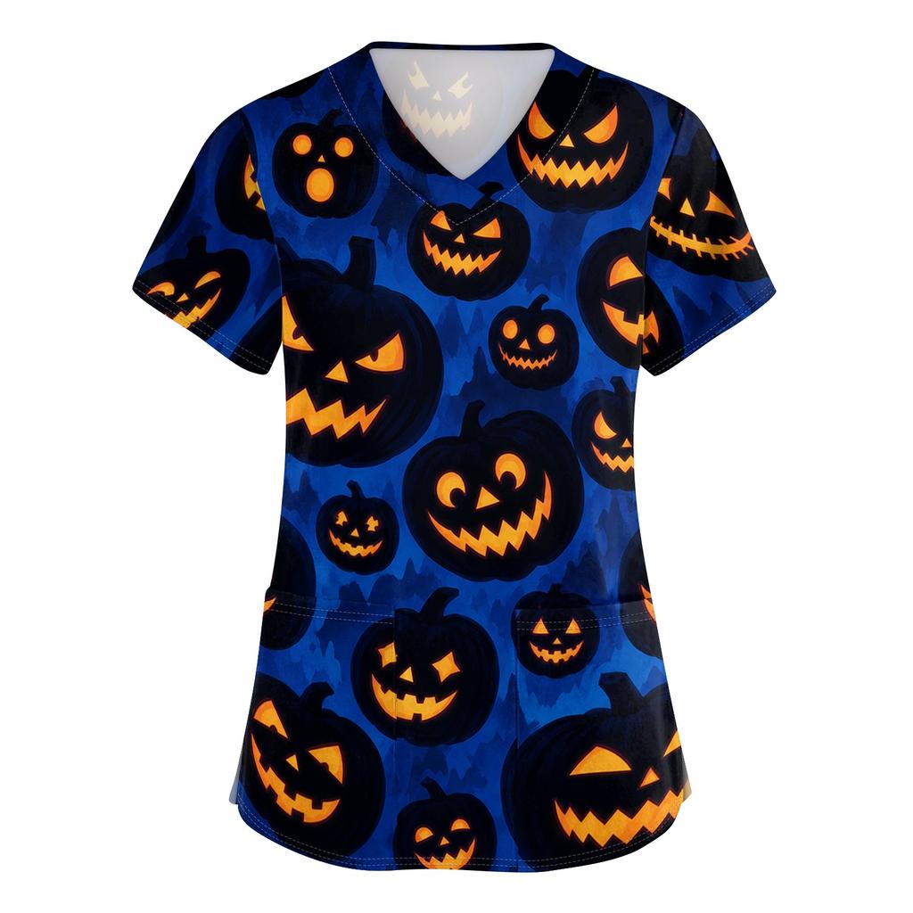 Women V Neck Short Sleeve Printed Scrub Top with Pockets and Side Slits for Work Uniforms Holiday Theme