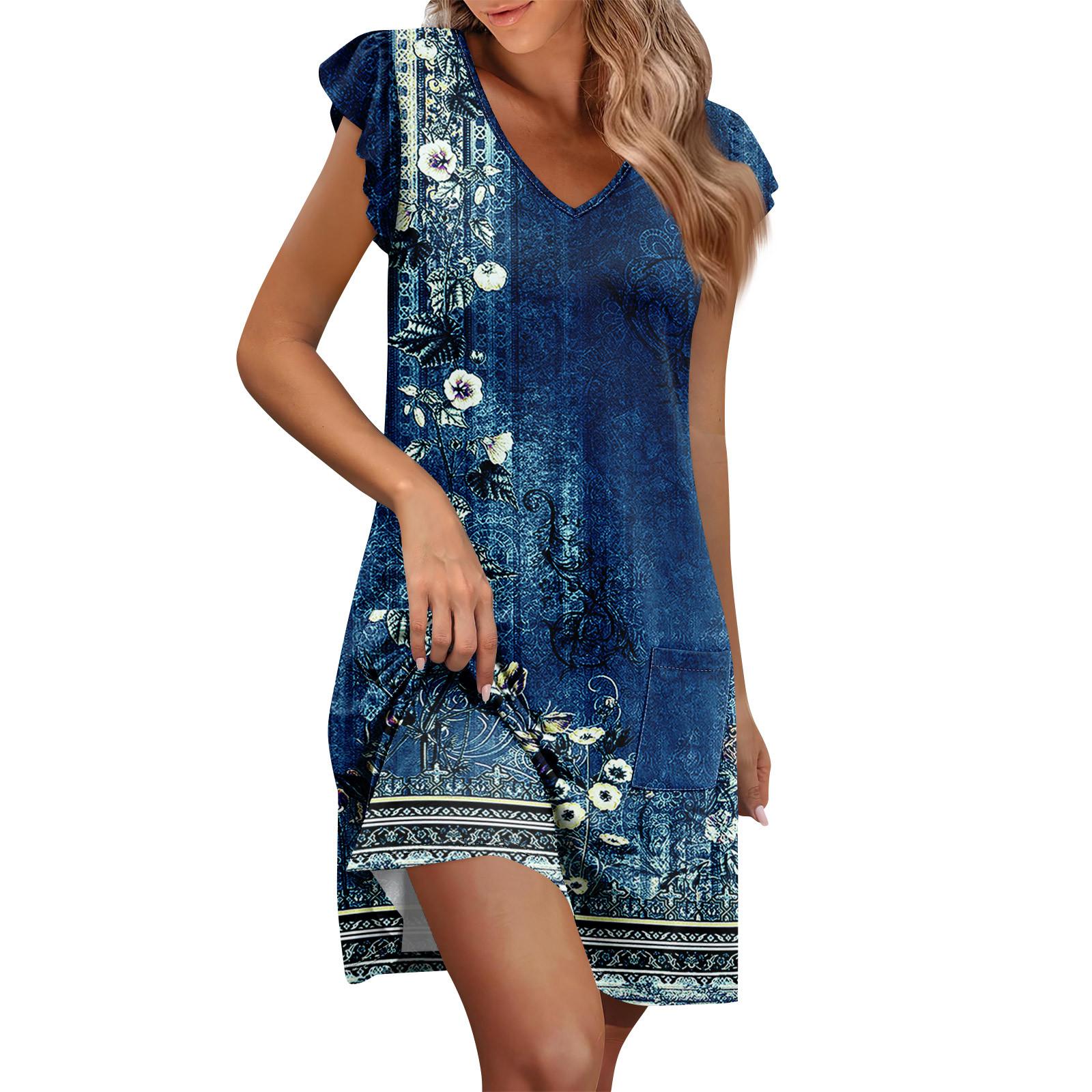 

Womens Summer Dress Ruffle Sleeve V Neck Short Dresses Fashion Casual Flowy A Line Swing Sundress With Pocket XL темно-синий