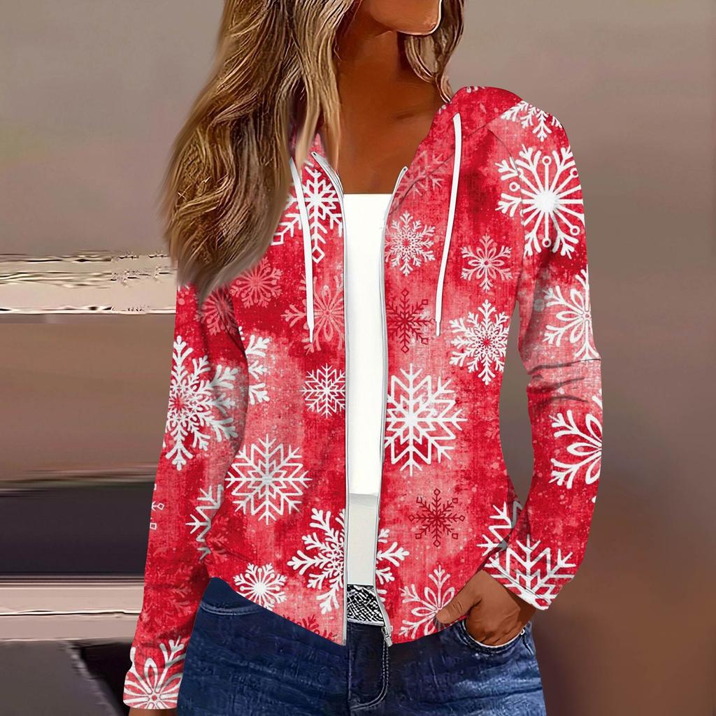 Women's Fashion Christmas Print Casual Zip-Up Long-Sleeved Hooded Jacket