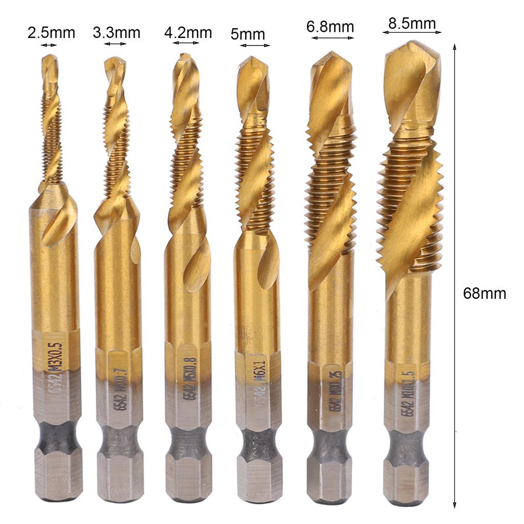 6Pcs HSS Tap Drill Bits Set High Speed Steel Titanium Coated Hex Shank Thread Hand Tool M3‑M10