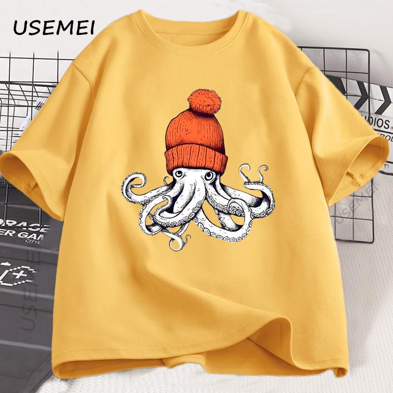 Octopus Orange Beanie Cotton T-shirt Japanese Style Graphic Tees Casual Cotton Short Sleeve Round Neck Tshirts Unisex Clothes