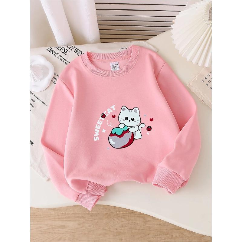 Sweatshirt Enfant Sweat à Col Rond pour Filles Présentant un Chat Mignon avec un Gâteau Et des Cœurs, Lavable en Machine
