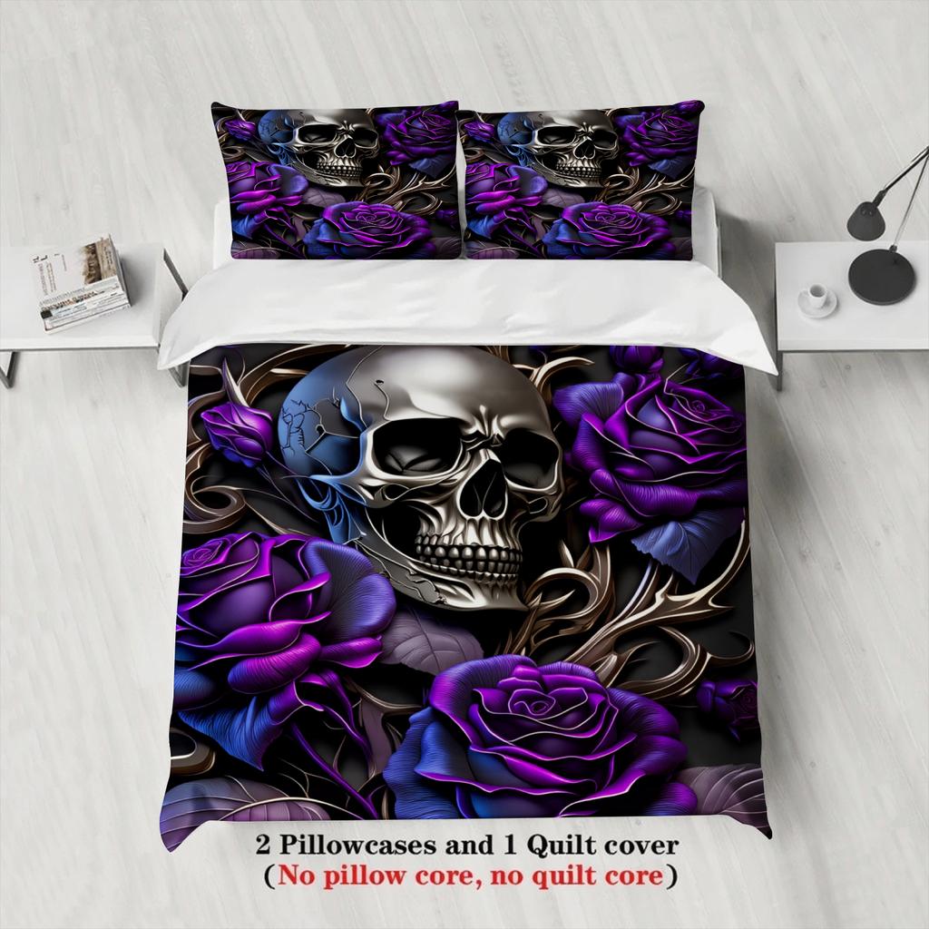 3pcs Skull And Rose Bedding Sets 3D Printed Gothic Skull With Purple Roses Duvet Cover Sets With Pillowcases No Filling