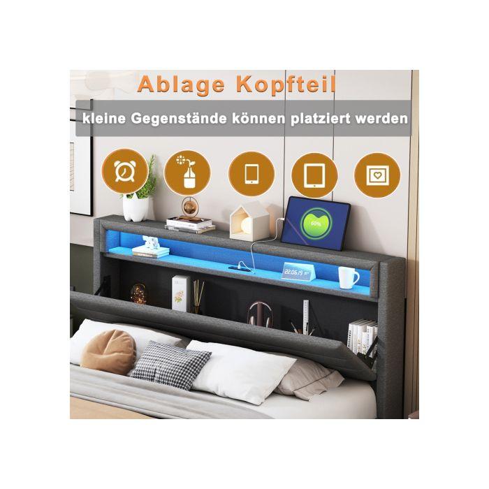 Lit rembourré 140x200 cm, cadre de lit flottant hydraulique avec espace de rangement, avec prise USB