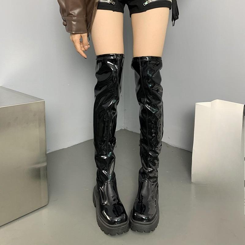 Mode patentläder knähöga stövlar Höst och Vinter Ny Runda tå Sockel Plattforms Non-slip Klackskor