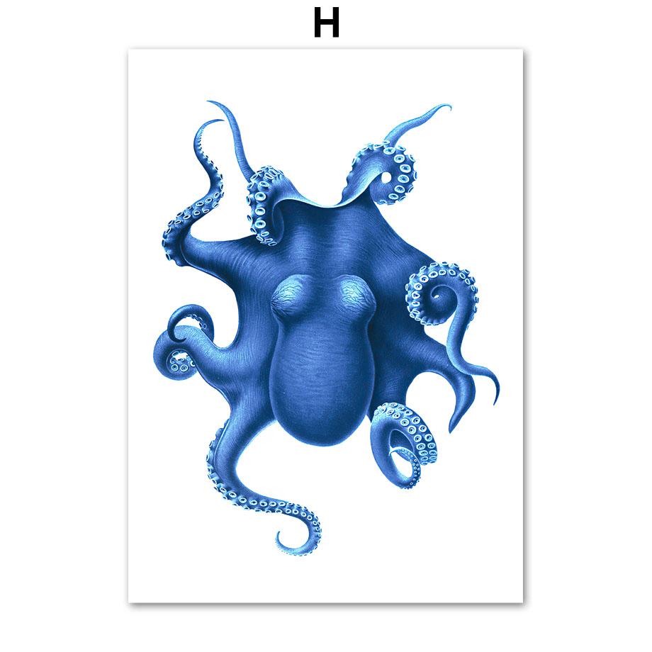 Nautical Watercolor Coral Seaweed Crab Octopus Shell Navy Blue Poster And Prints Wall Art Canvas Painting Living Room Home Decor