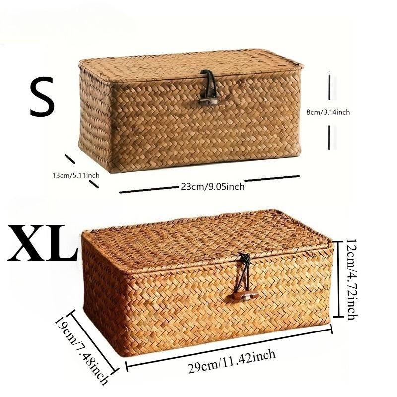 Handmade Seaweed Woven Storage Box, Retro Storage Rack Basket, with Lid Buckle Design, Household Miscellaneous Storage Box