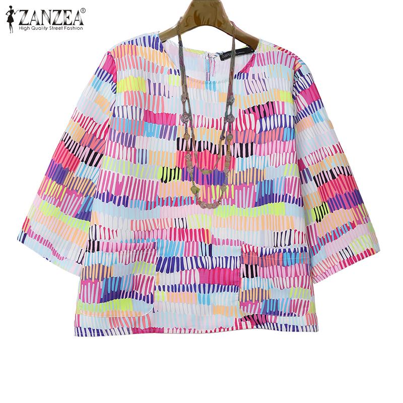 

ZANZEA Женская летняя блузка с принтом, повседневная, с круглым вырезом, рукавом 3/4, свободного кроя 3XL
