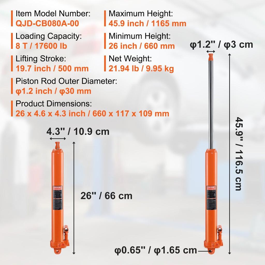 Hydraulic Long Ram Jack, 8 Ton Engine Hoist Cylinder with Single Piston Pump And Clevis Base, Hydraulic Ram Cylinder for Engine Lift Hoists, Hydraulic