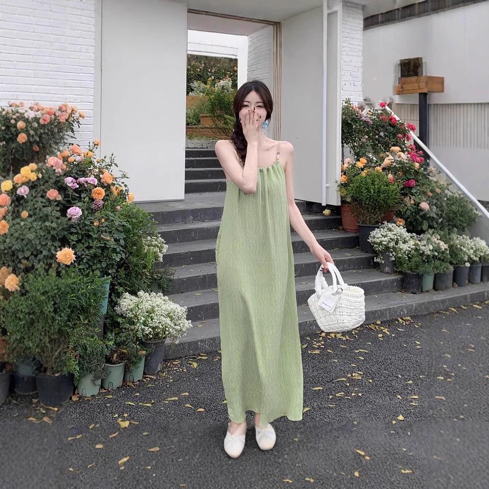2024 Summer Women's Loose Slimming Green Spaghetti Strap Mid-Length Dress