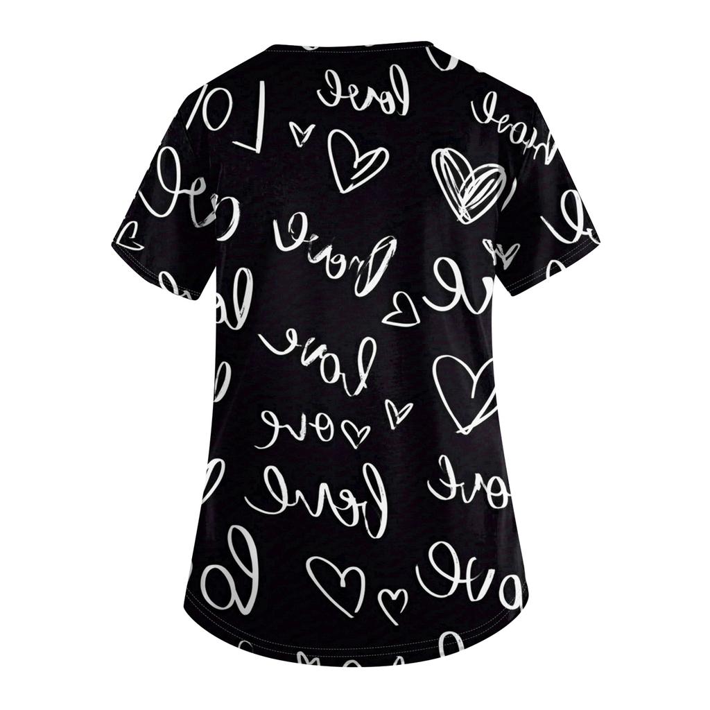 Women's V,neck Valentine's Day Printed Short,sleeved Pocket Side,slit Protective Suit Top
