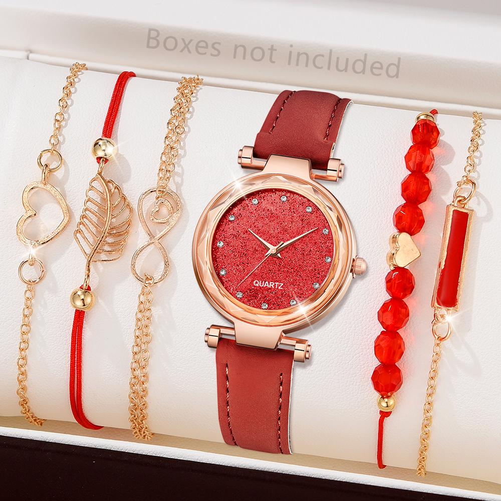 5pcs Set Womens Watches Set Ladies Fashion Watch Black Female New Simple Casual Womens Analog WristWatch Bracelet Gift No Box