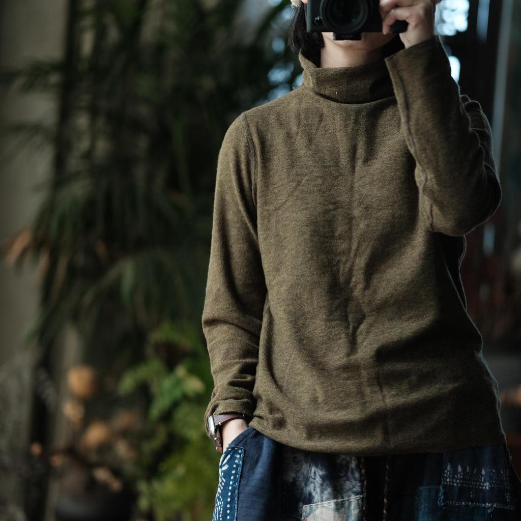 Johnature Women Vintage Winter Pullover Sweaters Solid Color Long Sleeve Knitted Wool Long Sleeve Turtleneck Sweaters