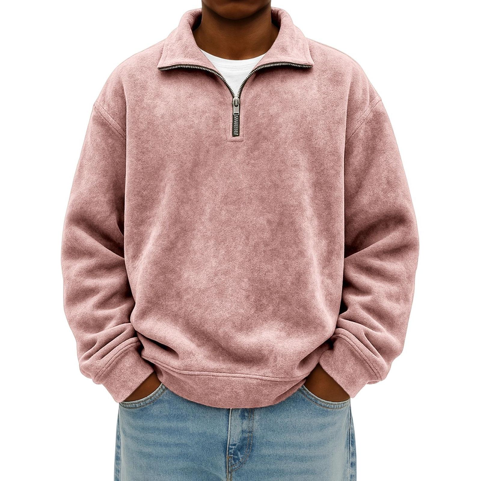 

Мужская модная повседневная толстовка с половиной молнии, однотонная, с эффектом потертости, мужская повседневная свободная толстовка с длинными рукавами и лацканами XL розовый