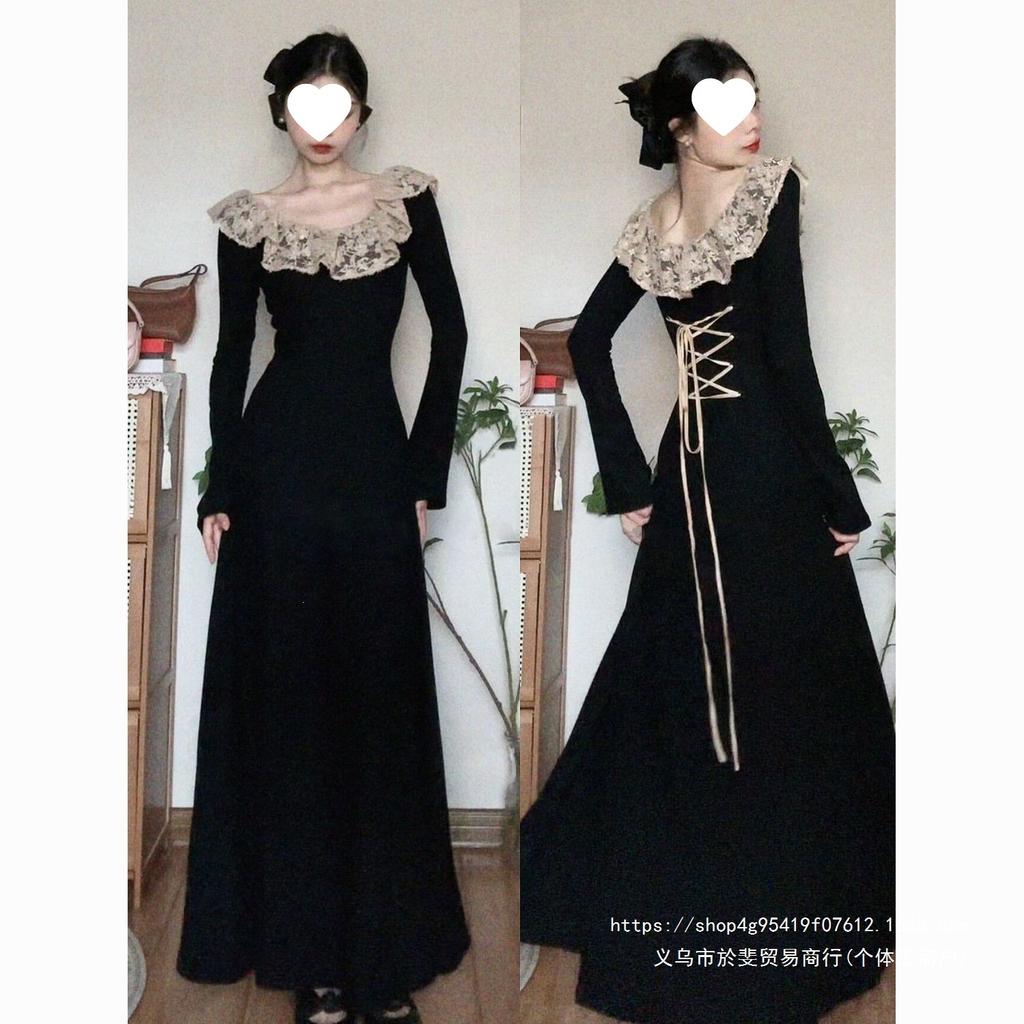 French Hepburn New Long-sleeved Autumn and Winter New Thin Lace Temperament Long Dress Black Dress
