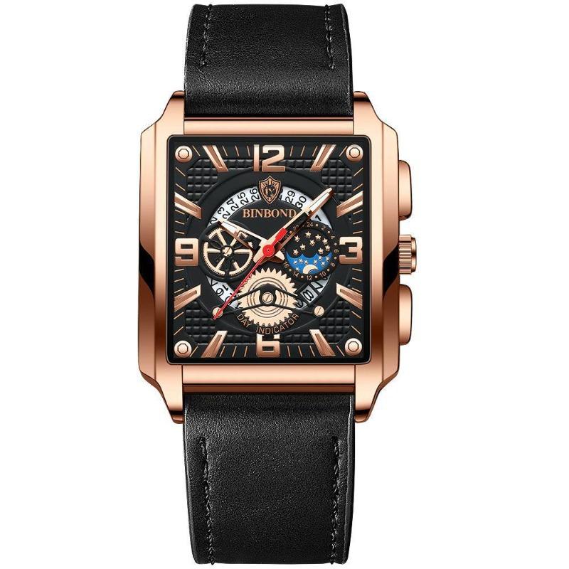 Binbang BINBOND Square Retro Men's Quartz Watch Multi-functional Luminous Waterproof Watch