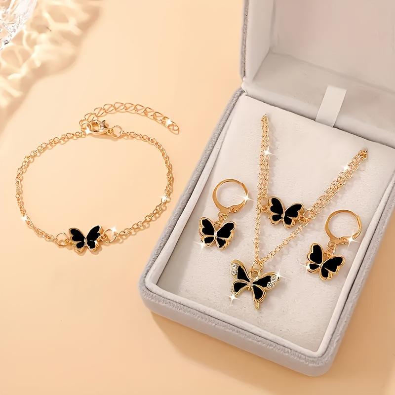 Double Layer Stacked Oil Drip Butterfly Necklace Stylish Simple Bracelet Earrings Set Jewelry