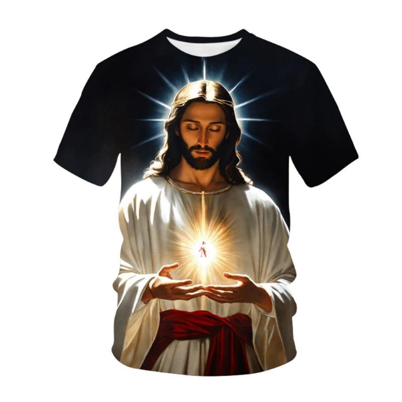 Fashion God Graphic T Shirts Summer Short Sleeve Men's Clothing Round Neck Cross 3D Printed T-Shirt Christian Jesus Mens Clothes