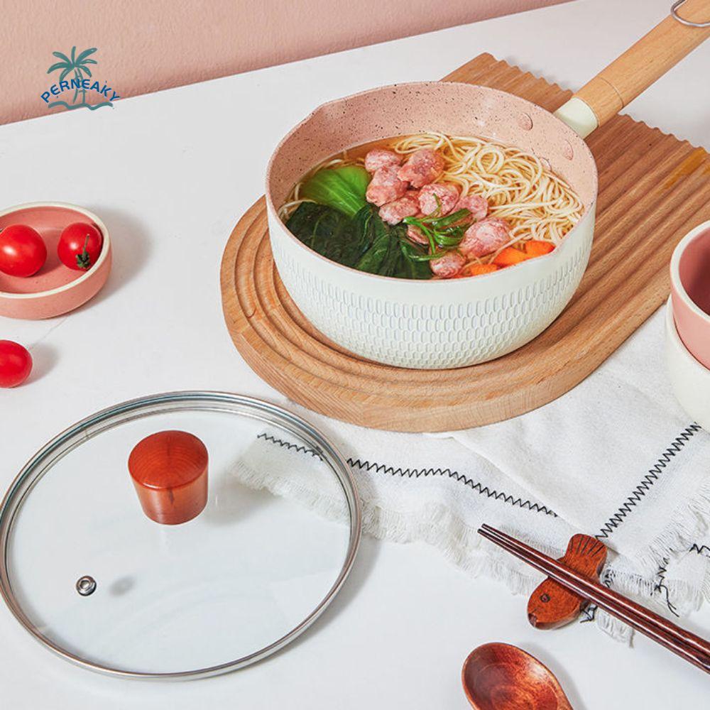 Wooden Handle Japanese Saucepan Aluminum Alloy Universal Non-stick Pan with Lid Diversion Port Soup Pot Dormitory